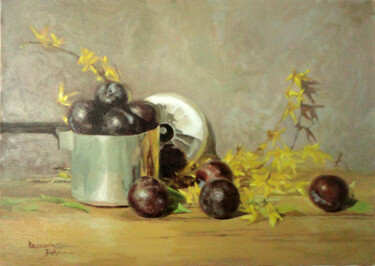 Painting titled "Plums and yellow bl…" by Radosveta Zhelyazkova, Original Artwork, Oil