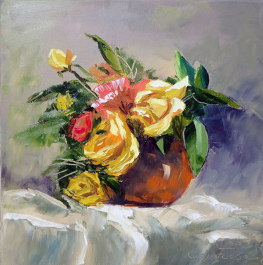 Pintura intitulada "Roses jaunes dans u…" por Radu Focsa, Obras de arte originais, Óleo