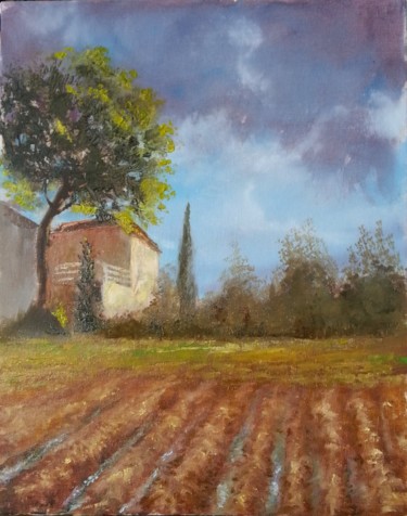 Pittura intitolato "paesaggio-con-campo…" da Raffaele, Opera d'arte originale