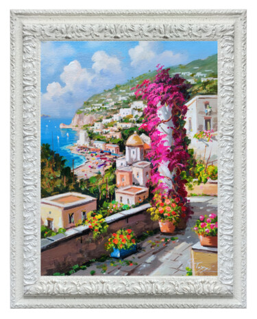 Painting titled "Positano view Italy…" by Raffaele Tozzi, Original Artwork, Oil Mounted on Wood Stretcher frame