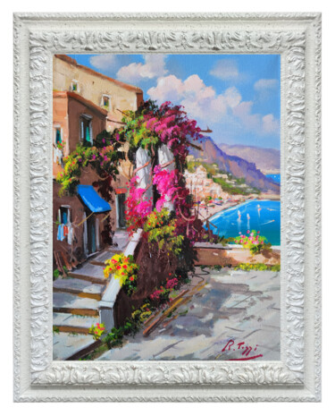 Painting titled "Old houses in Posit…" by Raffaele Tozzi, Original Artwork, Oil Mounted on Wood Stretcher frame