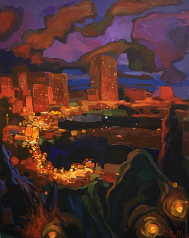 Painting titled "''Night''" by Raffi Ghazaryan, Original Artwork, Oil Mounted on Wood Stretcher frame