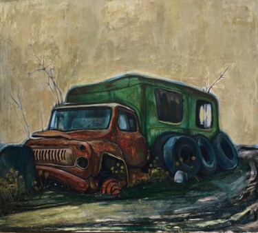 Painting titled "''Abandoned car''" by Raffi Ghazaryan, Original Artwork, Oil Mounted on Wood Stretcher frame