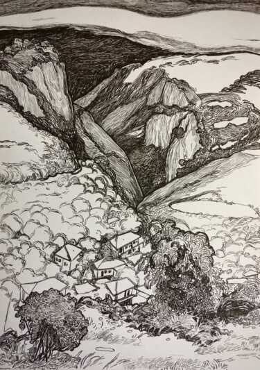 Drawing titled "''Mountains''^" by Raffi Ghazaryan, Original Artwork, Gel pen