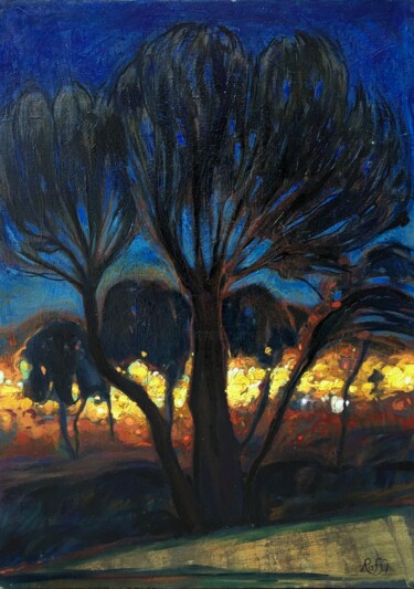 Painting titled "''Night''." by Raffi Ghazaryan, Original Artwork, Oil Mounted on Wood Stretcher frame