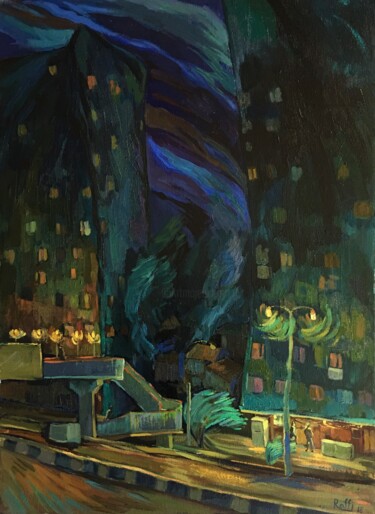 Painting titled ""Night mood''" by Raffi Ghazaryan, Original Artwork, Oil Mounted on Wood Stretcher frame