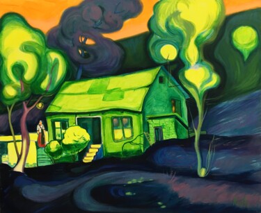 Painting titled ""Green house''" by Raffi Ghazaryan, Original Artwork, Acrylic Mounted on Wood Stretcher frame