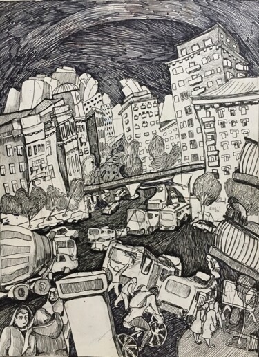 Dessin intitulée "'''City''" par Raffi Ghazaryan, Œuvre d'art originale, Stylo gel