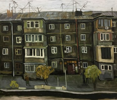 Painting titled "'Cityscape''" by Raffi Ghazaryan, Original Artwork, Oil Mounted on Wood Stretcher frame