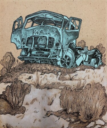 Рисунок под названием "''Abandoned car''3" - Raffi Ghazaryan, Подлинное произведение искусства, Гелевая ручка Установлен на…