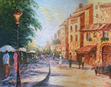 Painting titled "Small Cafe-2 (40x50…" by Raffik Qeshishyan, Original Artwork, Oil Mounted on Wood Stretcher frame