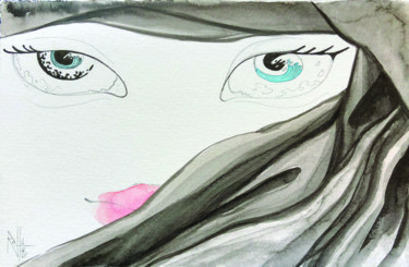 Zeichnungen mit dem Titel "Regard Saharien" von Raffu, Original-Kunstwerk, Aquarell