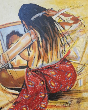 Peinture intitulée "La femme qui se coi…" par G. Rafiou (Nom D'Artiste), Œuvre d'art originale, Acrylique Monté sur Châssis…