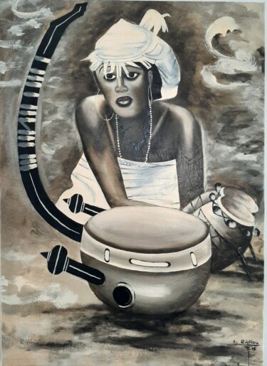 Painting titled "Africaine et instru…" by G. Rafiou (Nom D'Artiste), Original Artwork, Oil