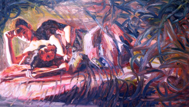 couple on bed man woman expressive art Peinture intitulée "couple on bed man w…" par Raphael Perez, Œuvre d'art originale, Acrylique