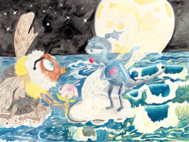 Картина под названием "Hummel und Libelle…" - Agnia Werbitzky, Подлинное произведение искусства, Акварель