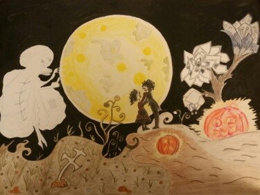 Pittura intitolato "Love on Halloween,…" da Agnia Werbitzky, Opera d'arte originale, Acquarello