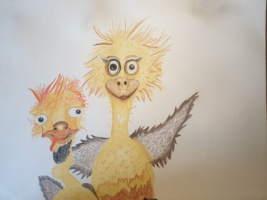 Malerei mit dem Titel "Happy Ostrichs, con…" von Agnia Werbitzky, Original-Kunstwerk, Aquarell