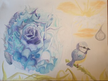 Malerei mit dem Titel "Big Blue Rose, cont…" von Agnia Werbitzky, Original-Kunstwerk, Aquarell