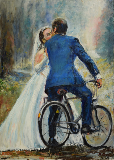 Pittura intitolato "Honeymoon Biker" da Raija Merilä, Opera d'arte originale, Olio