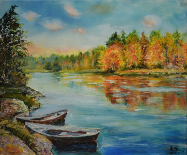 Painting titled "Autumn at Kymi Rive…" by Raija Merilä, Original Artwork, Oil