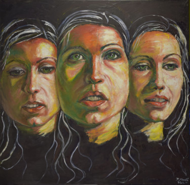 Schilderij getiteld "Three Faces 1" door Raija Merilä, Origineel Kunstwerk, Olie