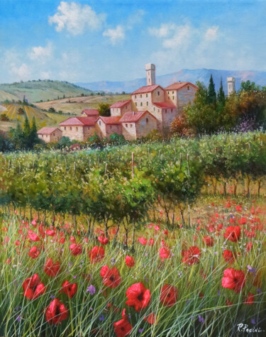 Painting titled "Borgo Toscano with…" by Raimondo Pacini, Original Artwork, Oil Mounted on Wood Stretcher frame
