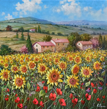 Painting titled "Sunflowers in bloom…" by Raimondo Pacini, Original Artwork, Oil Mounted on Wood Stretcher frame