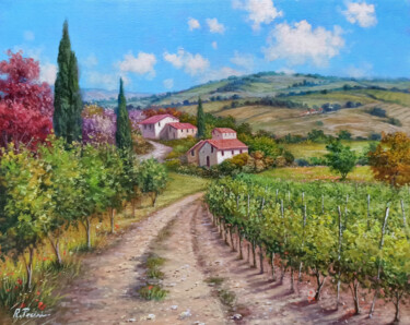 Pintura titulada "The vineyard road -…" por Raimondo Pacini, Obra de arte original, Oleo Montado en Bastidor de camilla de m…