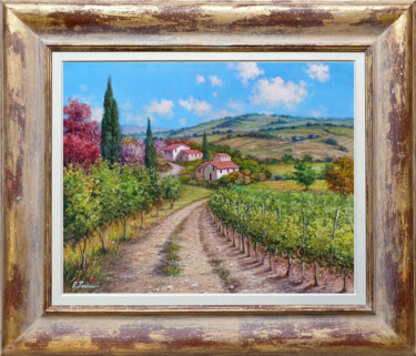Painting titled "The vineyard road -…" by Raimondo Pacini, Original Artwork, Oil Mounted on Wood Stretcher frame