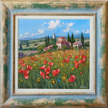 Painting titled "Hill with wildflowe…" by Raimondo Pacini, Original Artwork, Oil Mounted on Wood Stretcher frame
