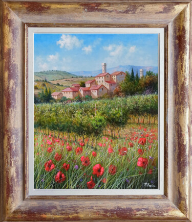 Painting titled "Borgo Toscano viney…" by Raimondo Pacini, Original Artwork, Oil Mounted on Wood Stretcher frame