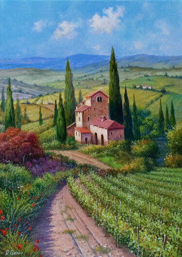 Painting titled "The wine valley - T…" by Raimondo Pacini, Original Artwork, Oil Mounted on Wood Stretcher frame