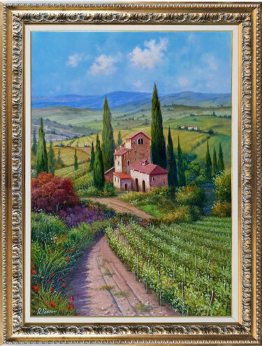 Painting titled "The wine valley - T…" by Raimondo Pacini, Original Artwork, Oil Mounted on Wood Stretcher frame