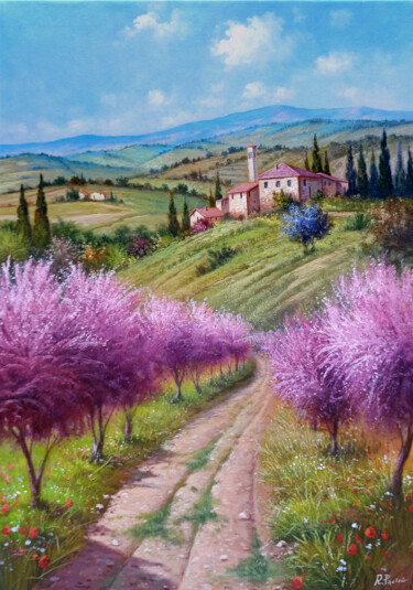 Pittura intitolato "Path between peach…" da Raimondo Pacini, Opera d'arte originale, Olio Montato su Telaio per barella in l…
