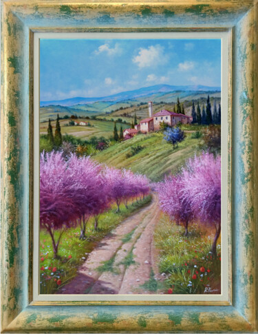 Painting titled "Path between peach…" by Raimondo Pacini, Original Artwork, Oil Mounted on Wood Stretcher frame