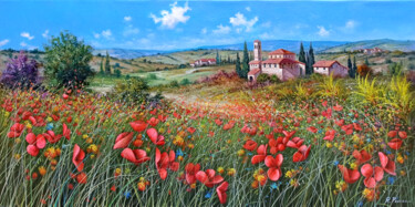 Painting titled "Field of colorful f…" by Raimondo Pacini, Original Artwork, Oil Mounted on Wood Stretcher frame