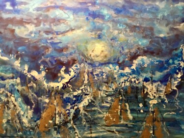 Painting titled "Moonlight boats,ori…" by Raissa Kagan, Original Artwork, Watercolor