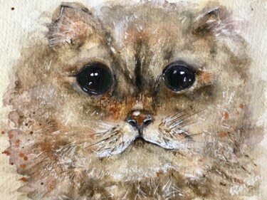 Painting titled "Fluffy cat original…" by Raissa Kagan, Original Artwork, Watercolor