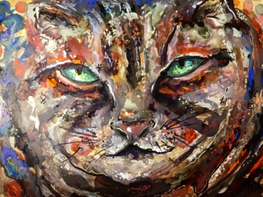 Malarstwo zatytułowany „Moody cat mix media…” autorstwa Raissa Kagan, Oryginalna praca, Atrament