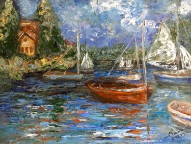 Painting titled "Boats on the lake,i…" by Raissa Kagan, Original Artwork, Oil