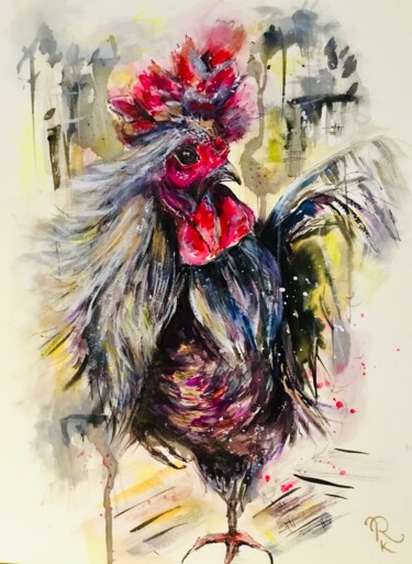 Peinture intitulée "Silver rooster" par Raissa Kagan, Œuvre d'art originale, Aquarelle