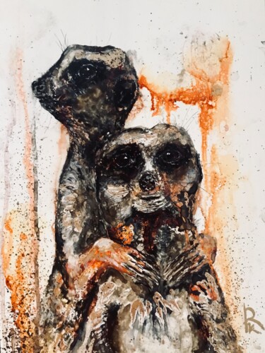 Malerei mit dem Titel "Meerkats couple wat…" von Raissa Kagan, Original-Kunstwerk, Tinte