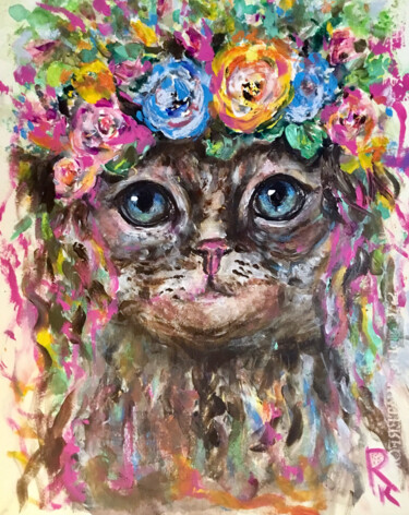 Pintura intitulada "Cat in flowers wate…" por Raissa Kagan, Obras de arte originais, Acrílico