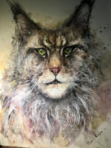 Painting titled "Meine Coon cat orig…" by Raissa Kagan, Original Artwork, Watercolor