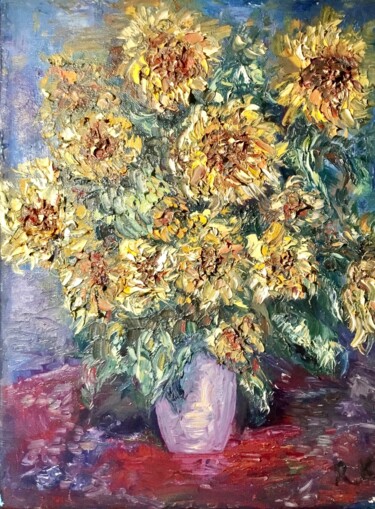 Painting titled "Sunflowers in a vase" by Raissa Kagan, Original Artwork, Oil