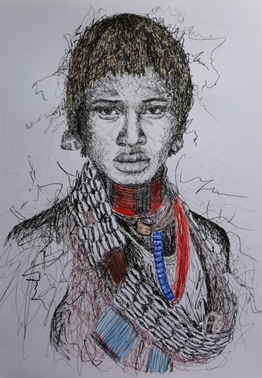 Drawing titled "African Woman" by Raissa Levati Pelegrim, Original Artwork, Gel pen