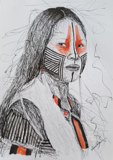 Drawing titled "Brazilian Indian" by Raissa Levati Pelegrim, Original Artwork, Ballpoint pen