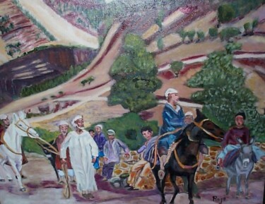 Peinture intitulée "Place du village" par Raja El Ouadili, Œuvre d'art originale, Huile