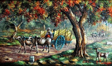 Painting titled "Bullock cart" by Raja G.Manohar, Original Artwork, Acrylic